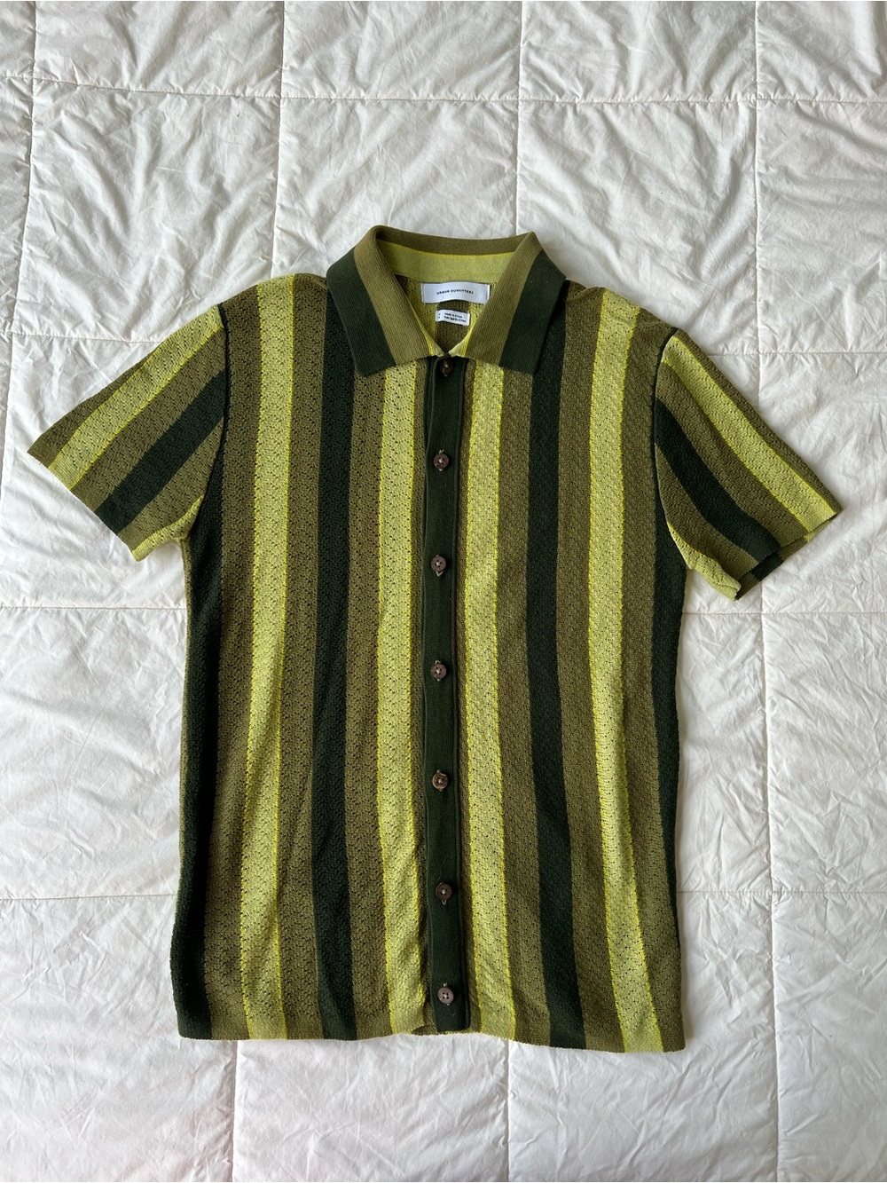 Urban Outfitters Olive and Lime Striped Knit Button-Up Polo